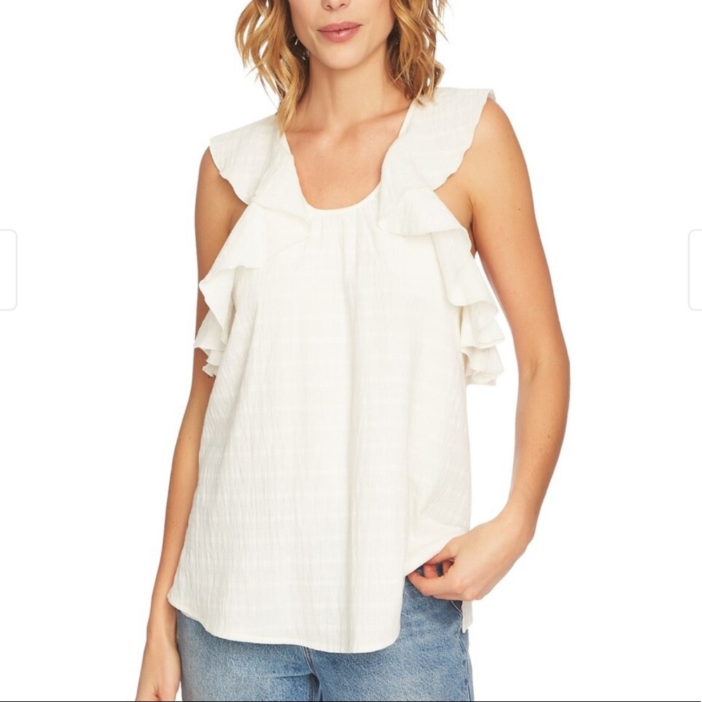 1.STATE Ivory Ruffle Trim Jacquard Crossover Back Cotton Blouse Top XS Romantic